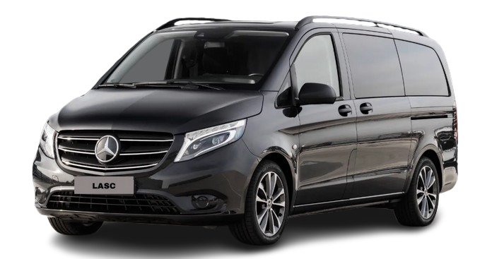 Mercedes V Class, Mercedes Vito or similar. These can accommodate up to 6 passengers with 6 suitcases(23kg max) and 5 hand luggage (cabin size), or 8 passengers with 5 suitcases and 5 hand luggage (Cabin size)